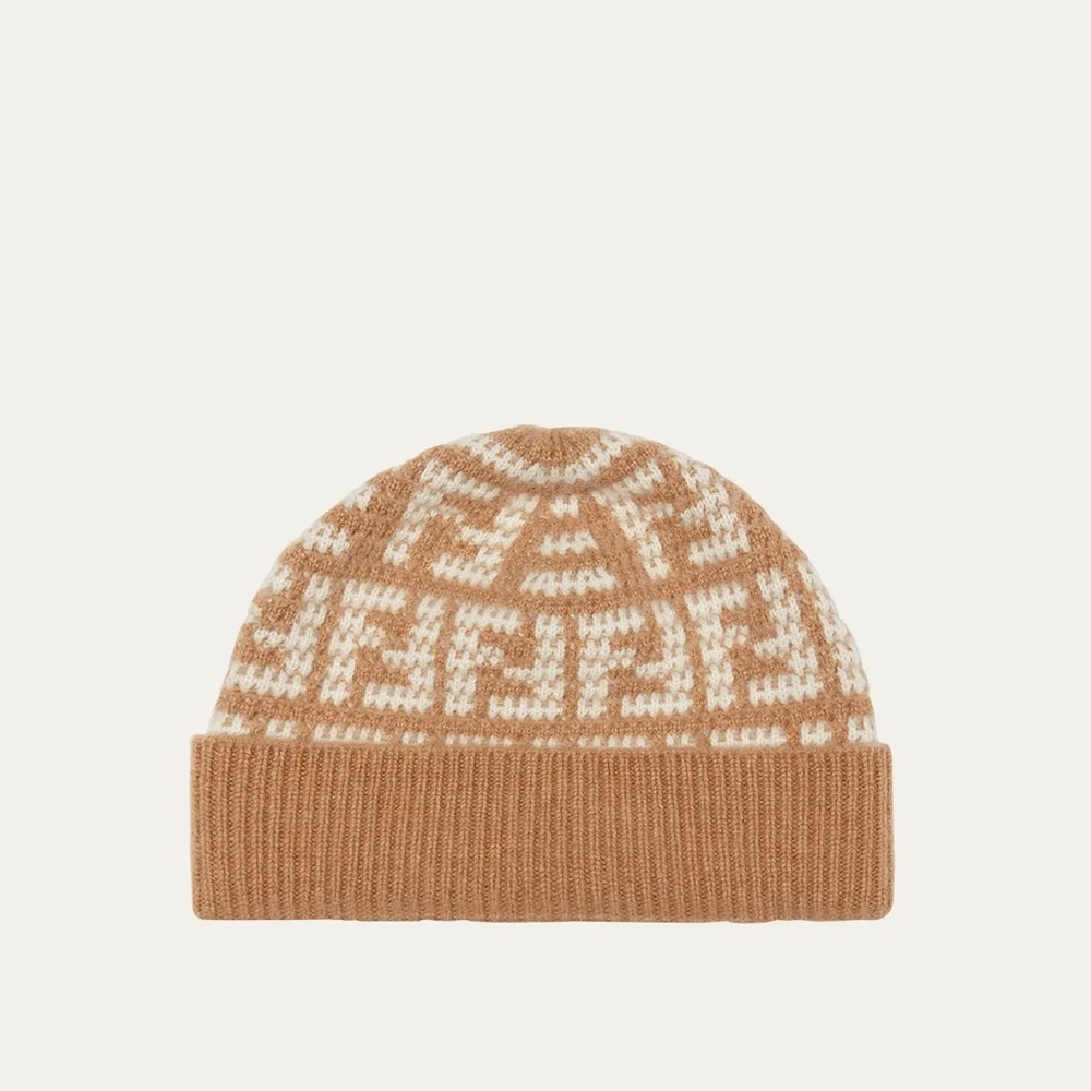 FENDI FF Jacquard Monogram Cashmere Beanie Hat